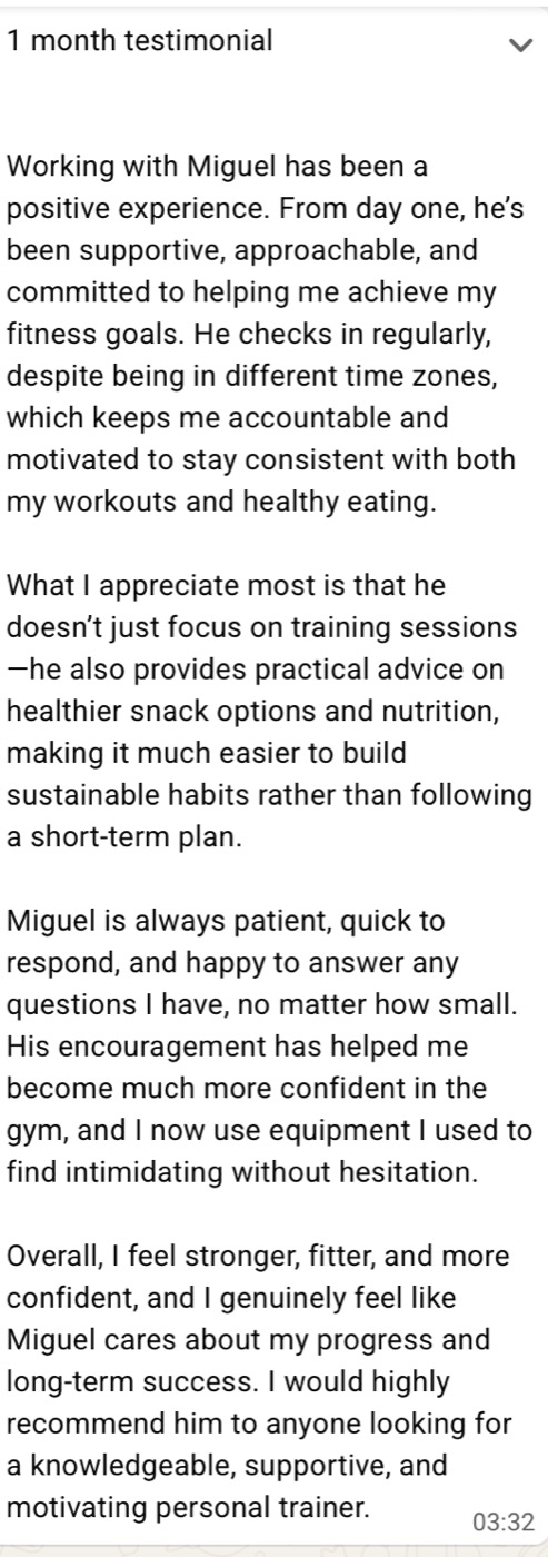 Client testimonial message, one month in